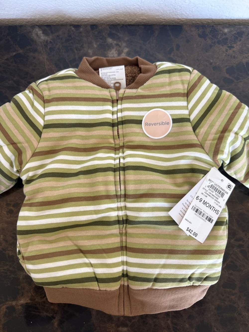 New! First Impressions Reversible Faux-Sherpa Jacket Baby Boy, Green, 6-9 month - Picture 7 of 10